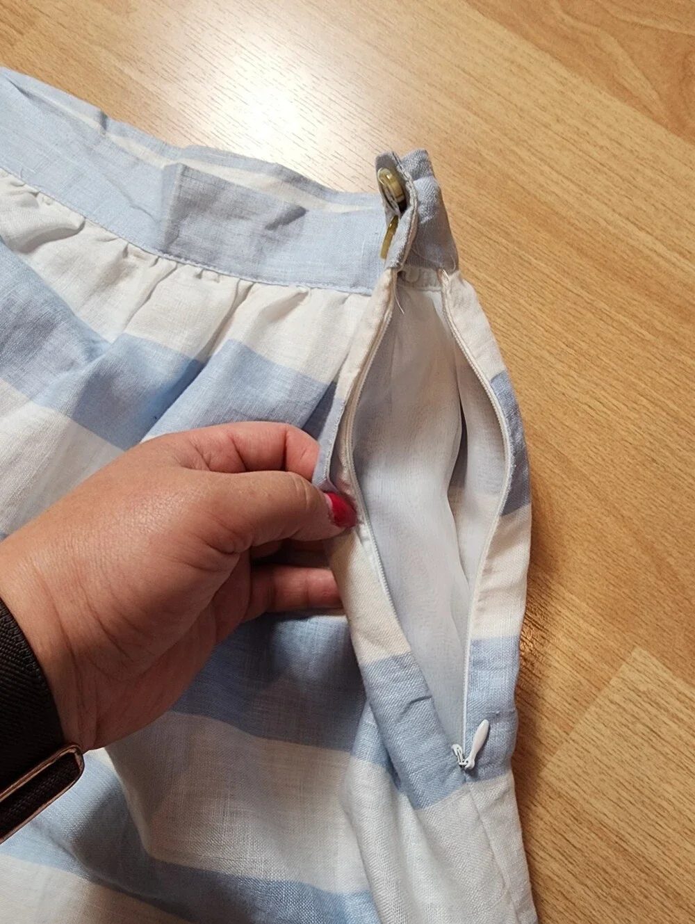 Kenar 100% Linen Mini Skirt Blue White Wide Stripes Pockets Women's Size 10